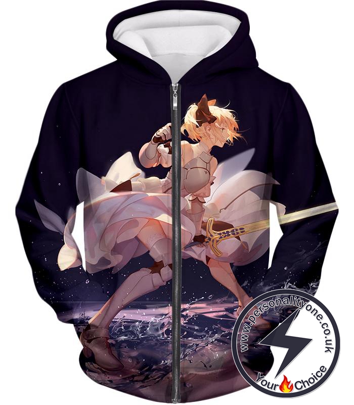 Fate Stay Night Gorgeous Altria Pendragon Black Action Zip Up Hoodie